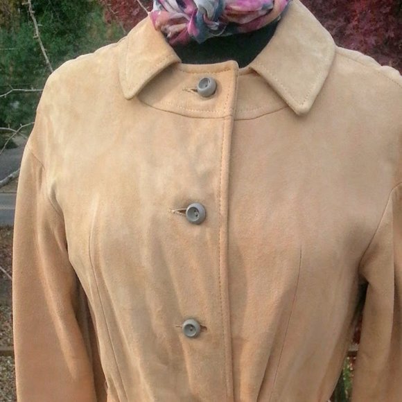 Vintage tan suede belted button-up midi coat Buttery Soft! S/M - Picture 3 of 8